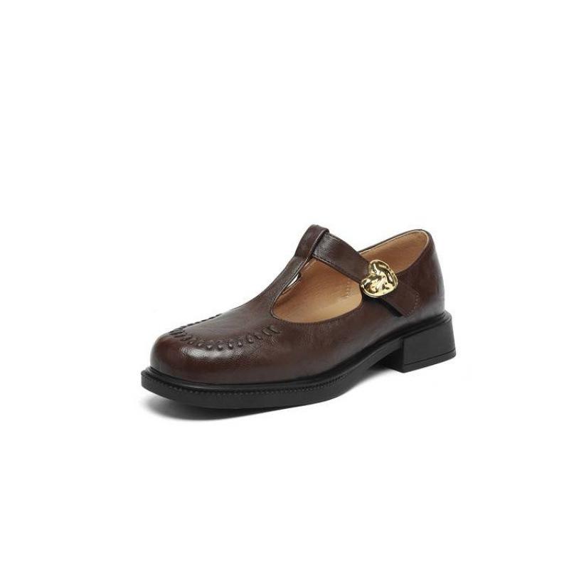 New Women's Solid Color Round Head Low-top Small Leather Shoes Comfortable Thick Sole Non-slip Large Size Women's Shoes Medium Heel Four Seasons W