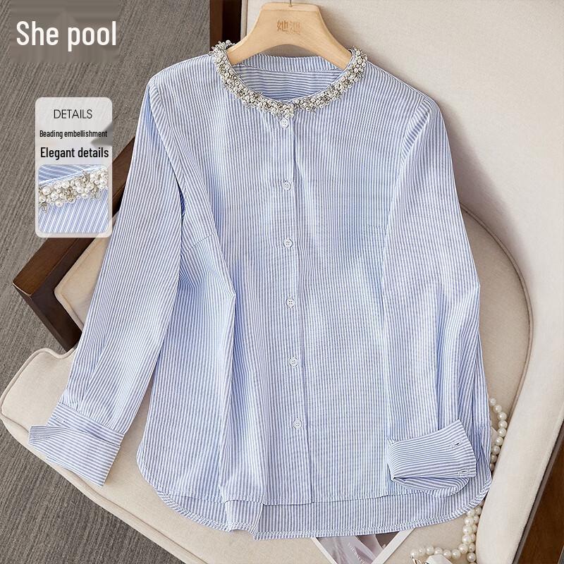 Women s Striped Beaded Long Sleeve Round Neck Shirt L
