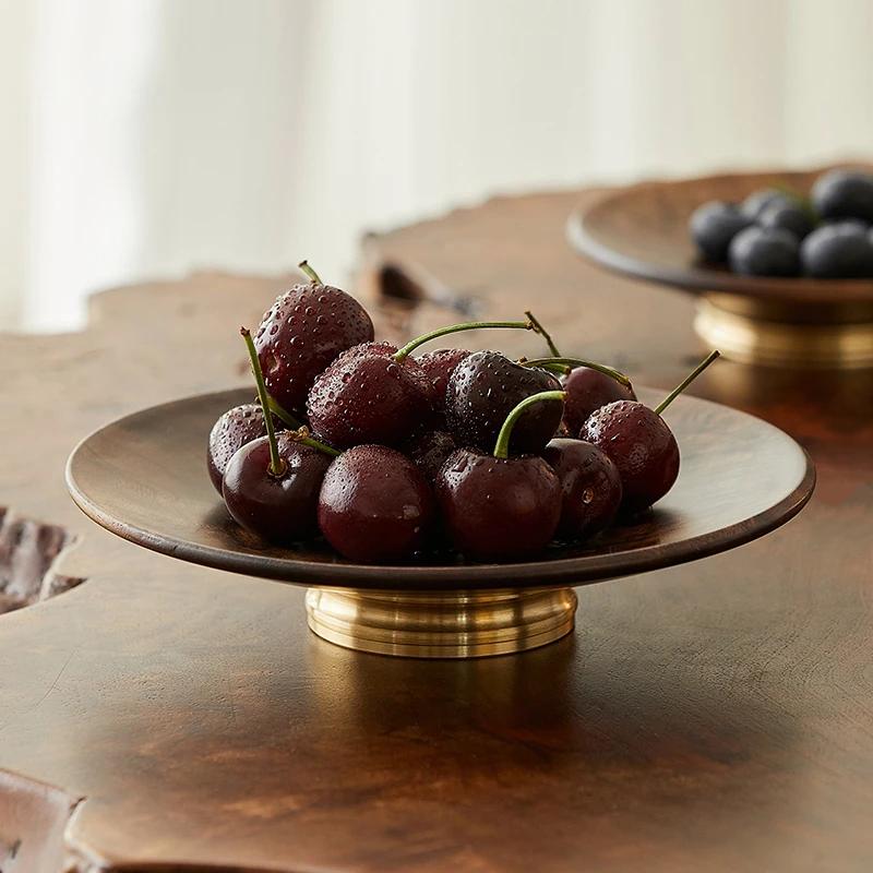 Wooden High Foot Tray Brass Base Fruit Tray Living Room Coffee Table Home Snack Dessert Cake Dish Dessert Candy Plate Home Decor
