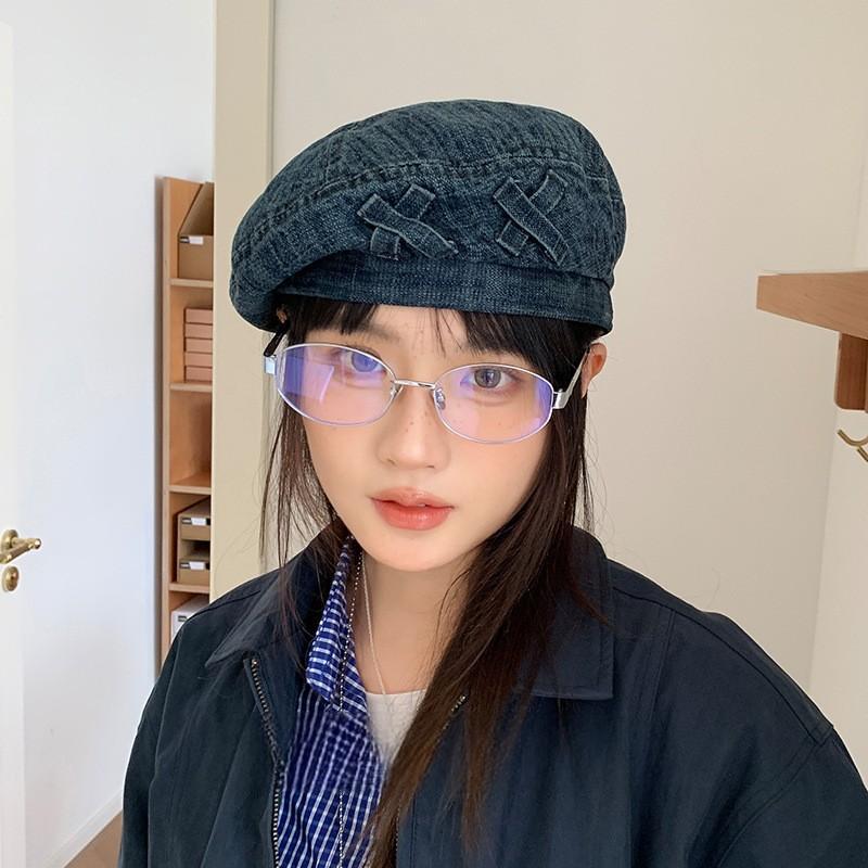 

25 ранняя осень новая стираная старая заплатка деним высокое качество берет показать лицо маленькая шляпа художника Head circumference 54-59CM