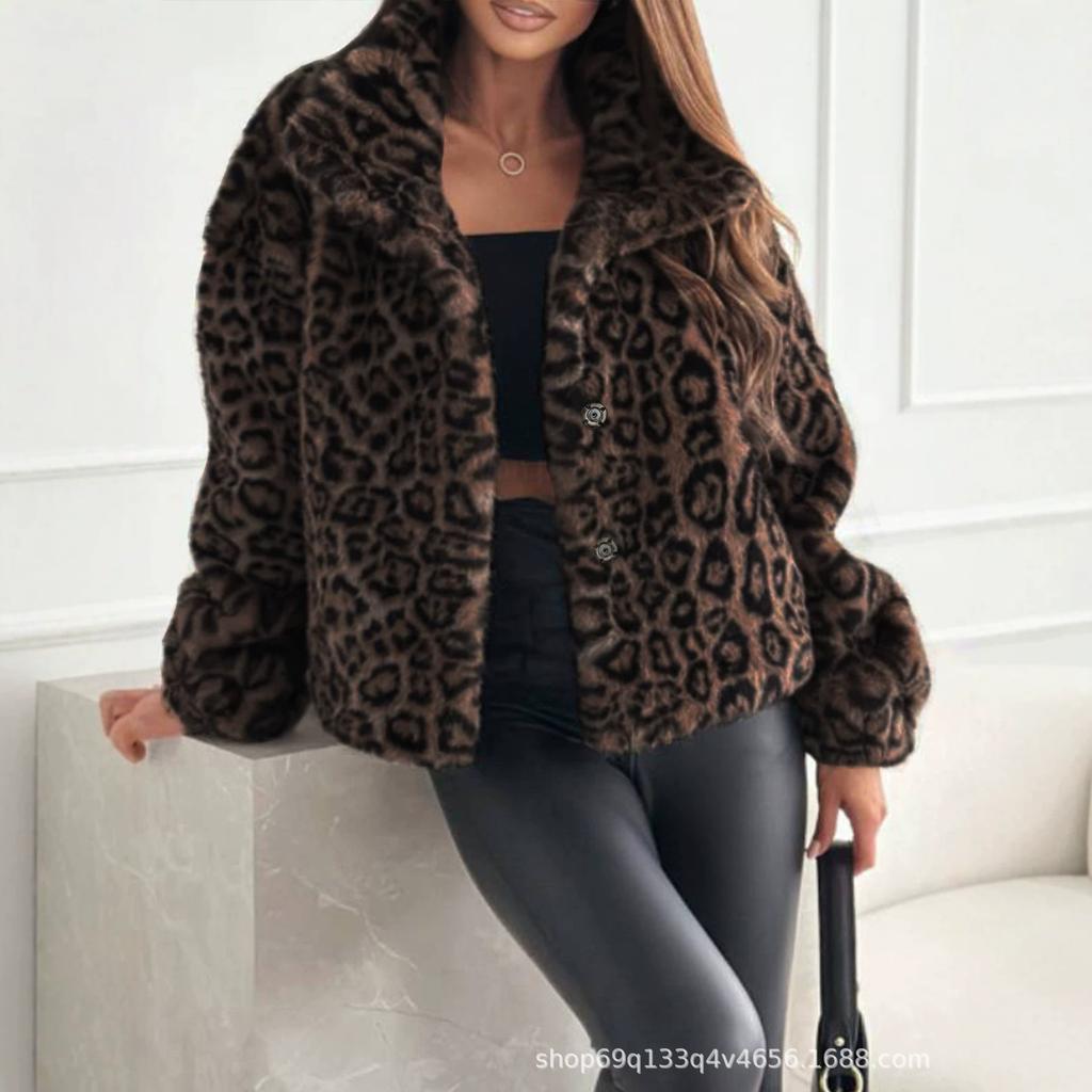 European and American new women's clothing leopard print imitation fur jacket women's short lapel thickened plush jacket leopard point top