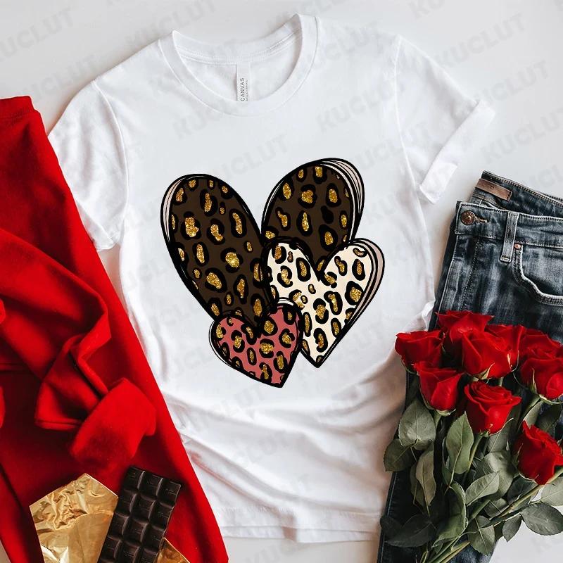 Fashion Unisex Tshirts Leopard Love Heart Print Tops Short Sleeve Clothing Ladies Harajuku Valentines Day Female Clothing