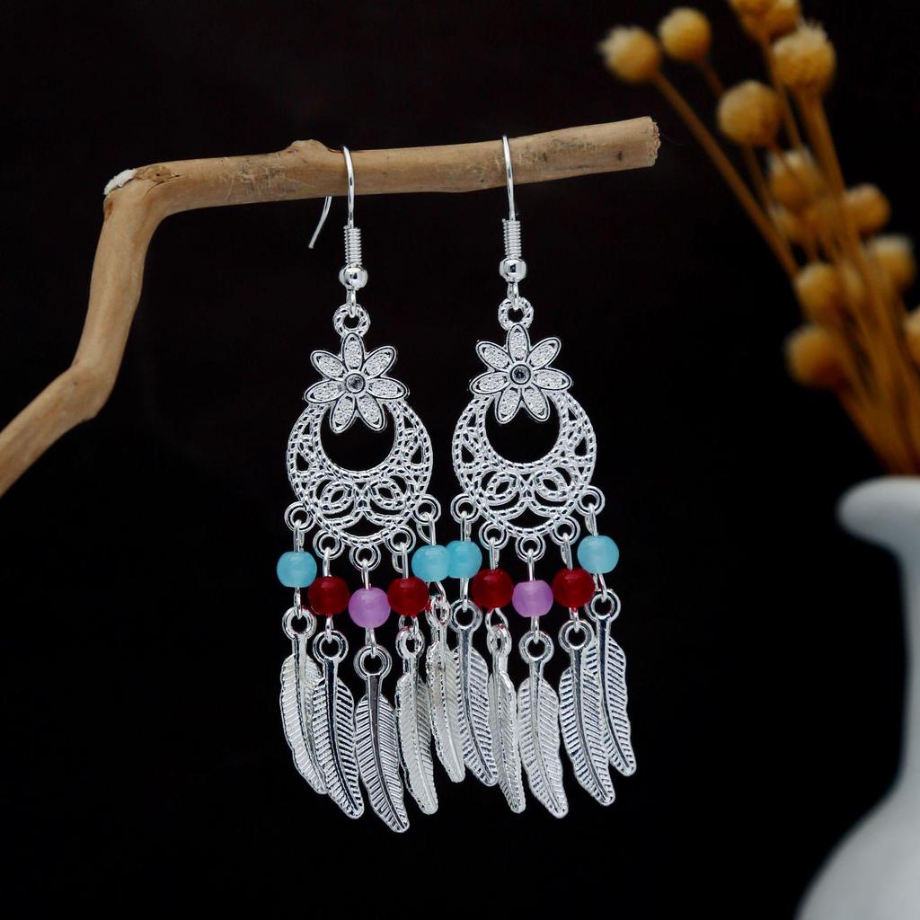 Personalized Bohemian Miao Silver Geometric Tassel Earrings