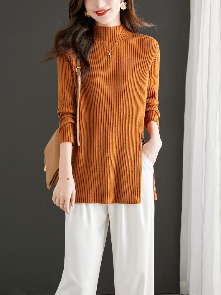 Design zipper semi-turtleneck solid color knitted sweater top women's autumn and winter new pullover sweater with bottoming shirt