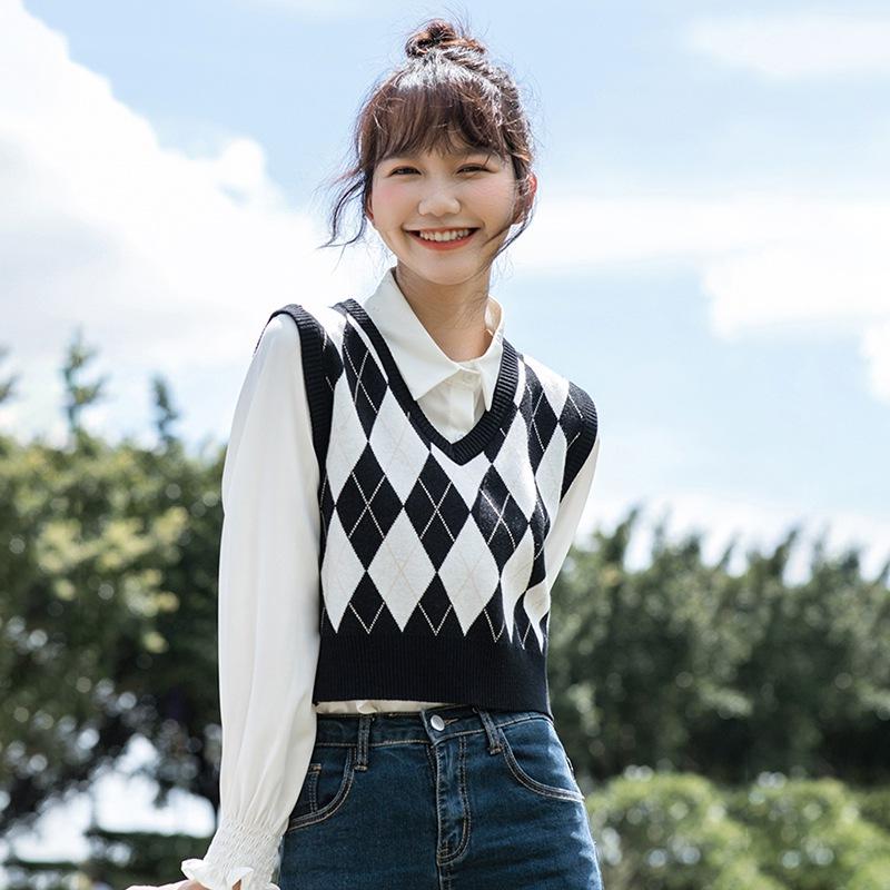 Svetr Vesta pro ženy Výstřih do V Volný střih pulovry Pletená vesta Preppy Style Argyle podzimní pletené zboží bez rukávů