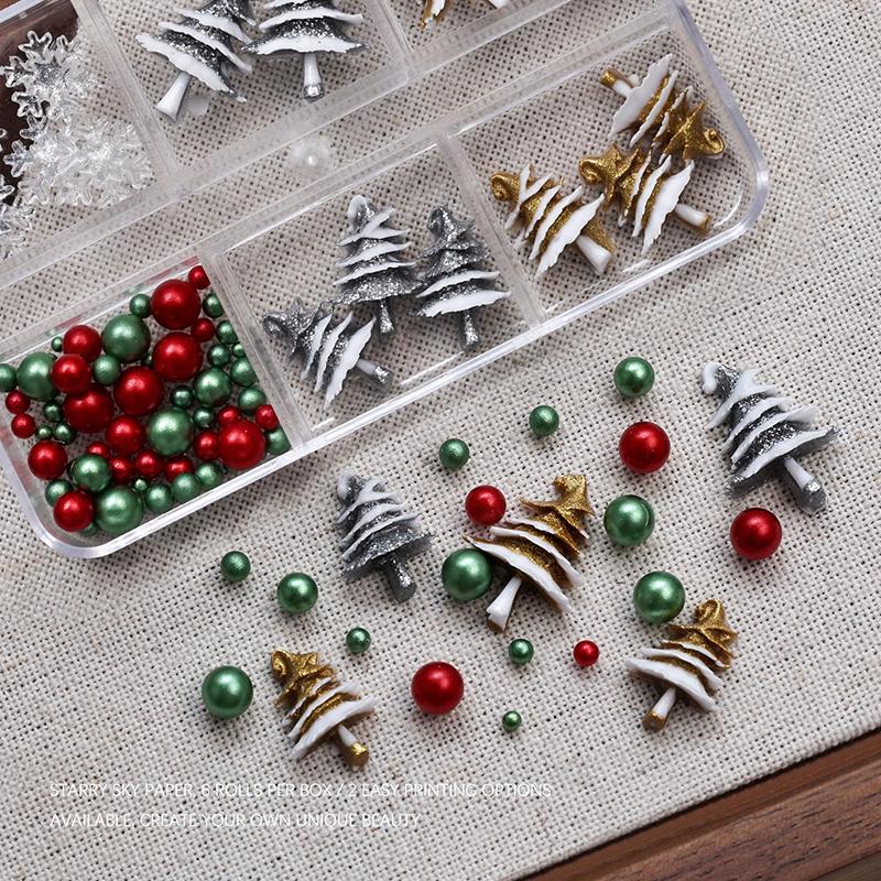 6 Grids/Box Christmas Red/Green Bead Snowflake Nail Mixed Size Colorful Beads Nali Charms Christmas Manicure Jewelry