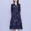 Elegant Floral Waist-Cinched Dress for Middle-Aged Women – Slimming Autumn/Winter Style