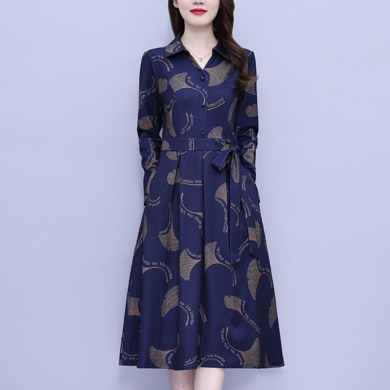 Elegant Floral Waist-Cinched Dress for Middle-Aged Women – Slimming Autumn/Winter Style