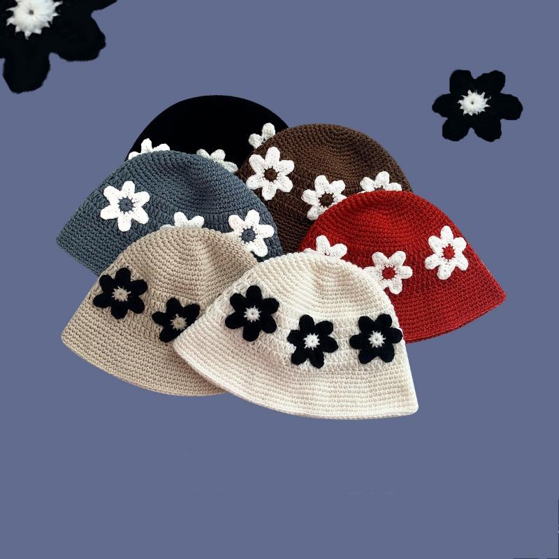 New fresh flower handmade knitted wool hat female sweet versatile face small bucket hat plain face