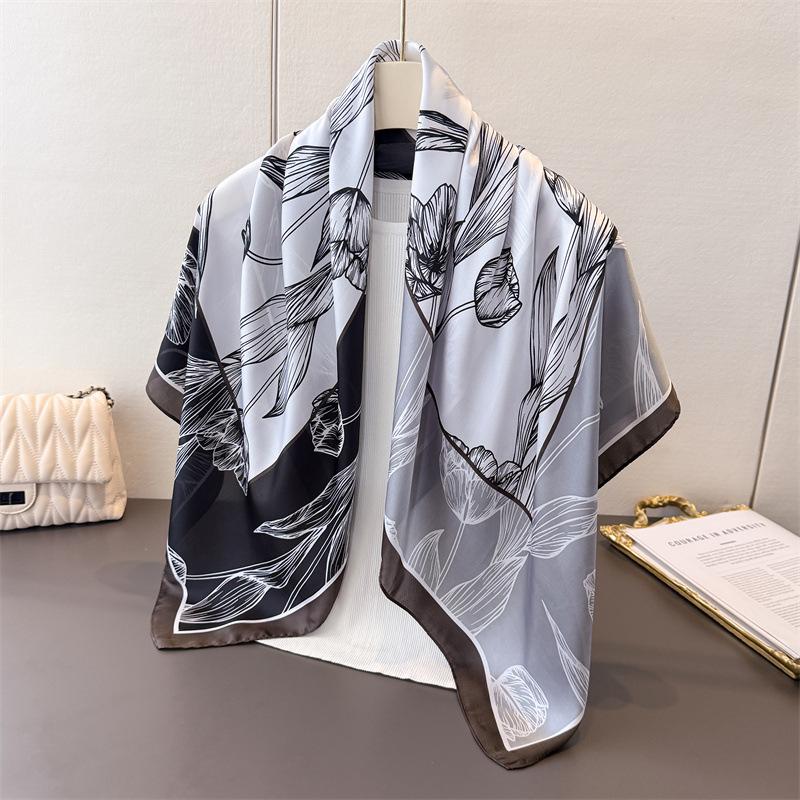 Spring And Summer Contrasting Color Splicing Satin Simulation Silk Printing Large Square Scarf Silk Scarf Shawl Headscarf Neck Protection Scarf