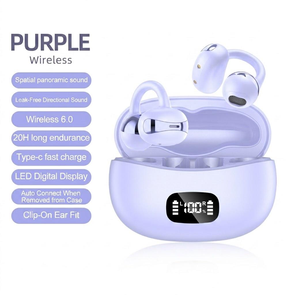 

YXG-20 Open Ear Clip Bluetooth Earphones with LED Display, TWS Wireless Earbuds, 10mm Driver, 3-4H Playtime, Touch Control, 3 Colors фіолетовий