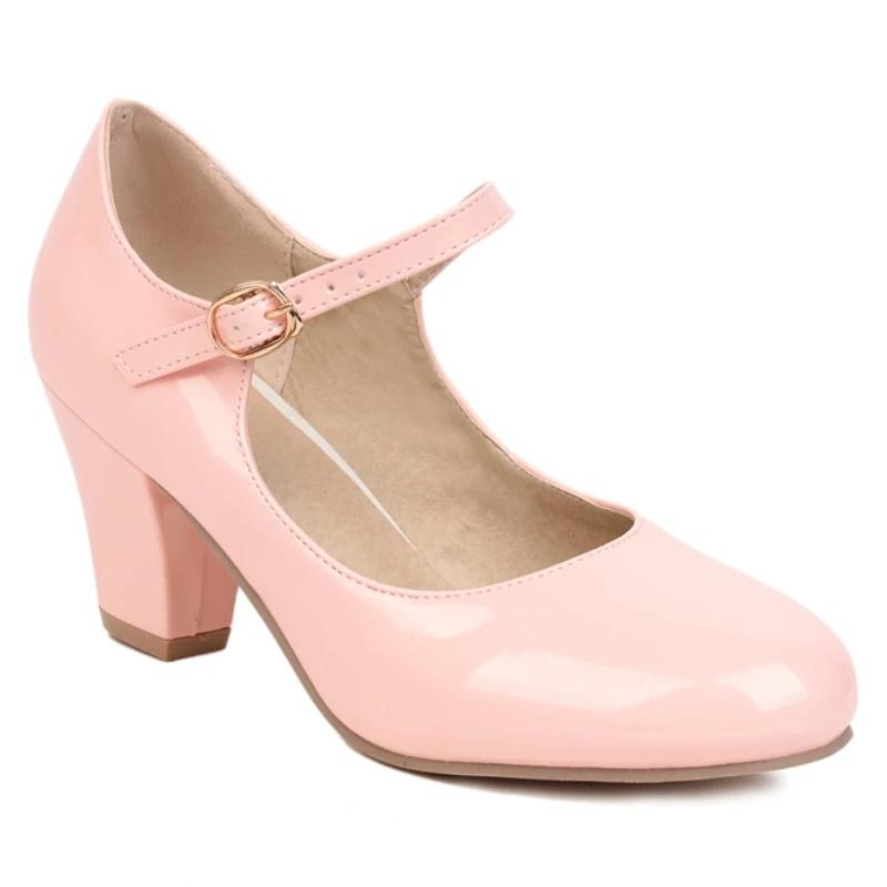 Women's Block High Heels Pumps Big Size 45 Lolita Mary Jane Shoes Elegant Black Red Pink Blue Heeled Office Wedding Shoes Ladies
