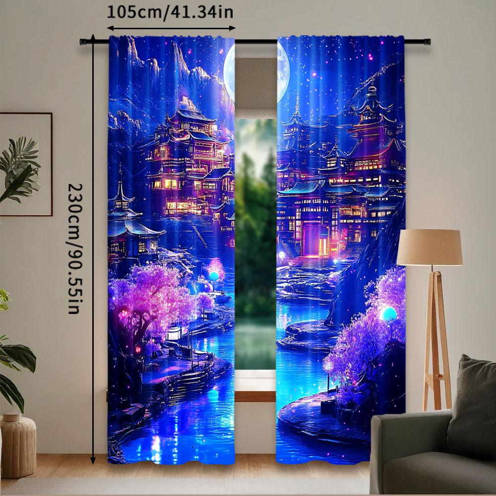 2Pcs Fantasy Landscape Curtain For Bedroom Moonlight Mountain Castle Water Floral Room Decor Nature Aesthetic For Living Room