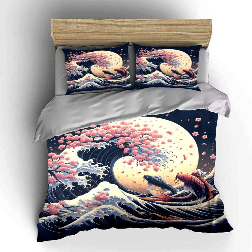 Wave Koi Sakura Decor Set Multiple Sizes Kid'S And Adults' Bedroom Exquisite 3Pc Bedding Set, Gift