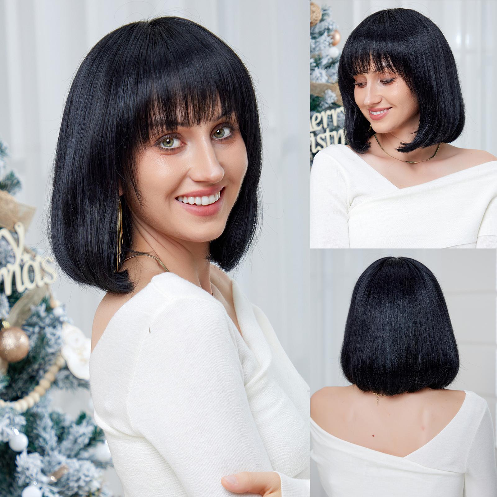 

HAIRCUBE парики из натуральных волос для женщин средней длины черные прямые парики для женщин многослойная стрижка пикси с челкой для повседневного использования на вечеринках