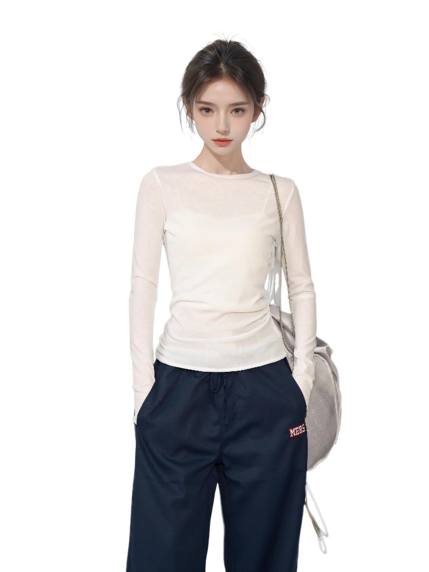 

Белый Тонкий Трикотаж Женский Весна Осень Зима Внутренний Базовый Слой Слегка Прозрачный Приталенный Футболка с Длинным Рукавом Короткий Прозрачный Топ M