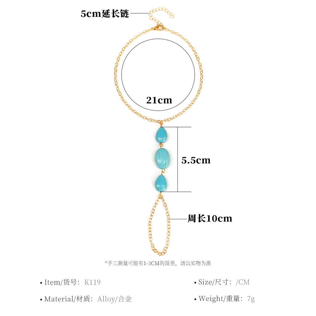 European, American, Retro Style, Water Drop Turquoise Oval Turquoise Beaded Handmade Finger Anklet