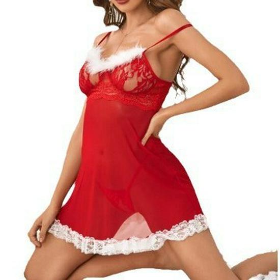 European and American Holiday See-through Plus Size Frayed Lace Lingerie Nightgown