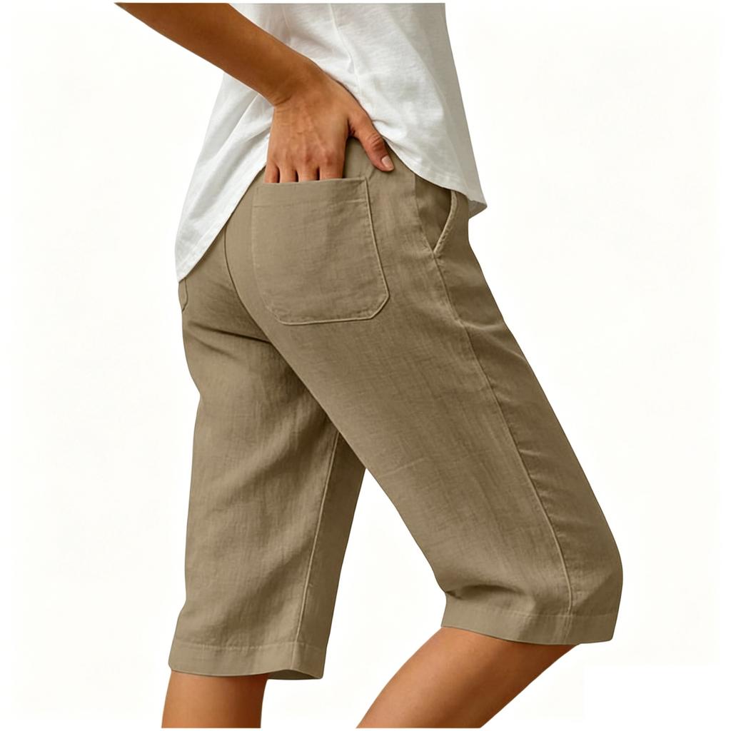 Women's Summer Fashion Elastic Waist Cotton Linen Five Quarter Pants Casual Loose Pocket Shorts