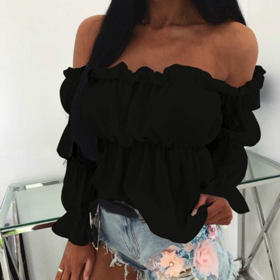 Women Sexy Solid Color Long Sleeve Off Shoulder Ruffled Edges Short Blouse Top