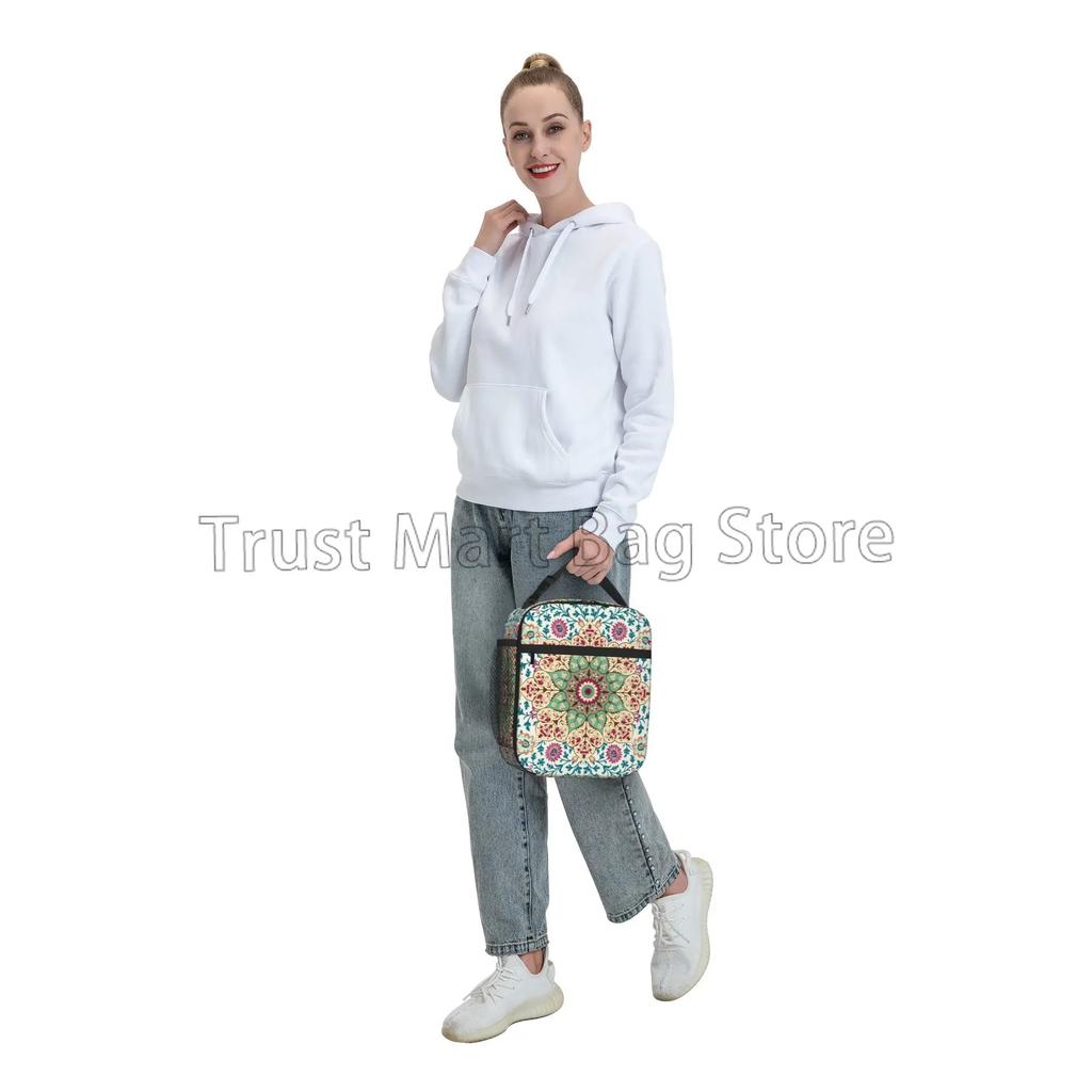 Bohemian Mandala Art Print Insulated Lunch Bag with Side Pocket Portable Reusable Lunch Box Thermal Meal Tote for Women Picnic
