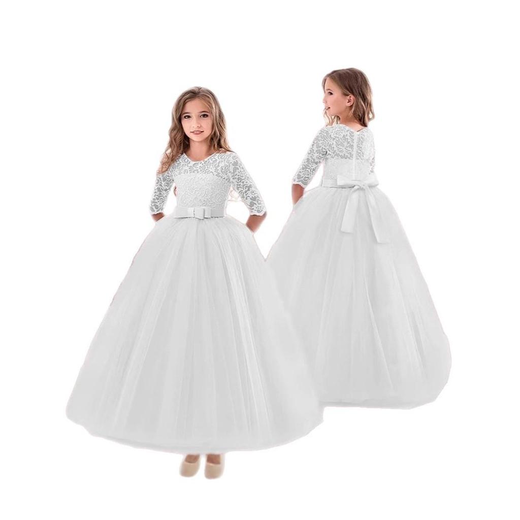Vestito da Esibizione Gonfio per Bambina - Manica Corta, Manica a Tre Quarti, Vestito Principessa in Pizzo per Matrimoni e Compleanni
