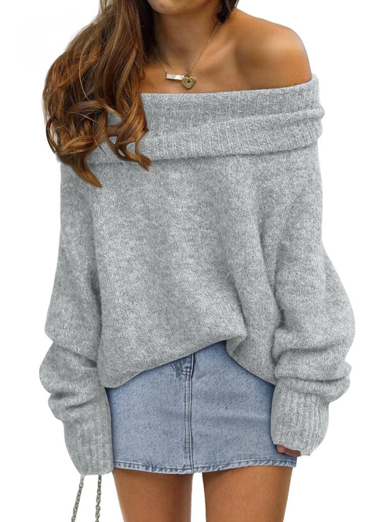 2025 New Autumn and Winter Loose Bat Sleeve Solid Color Pullover Off-shoulder Casual Knitted Sweater for Women