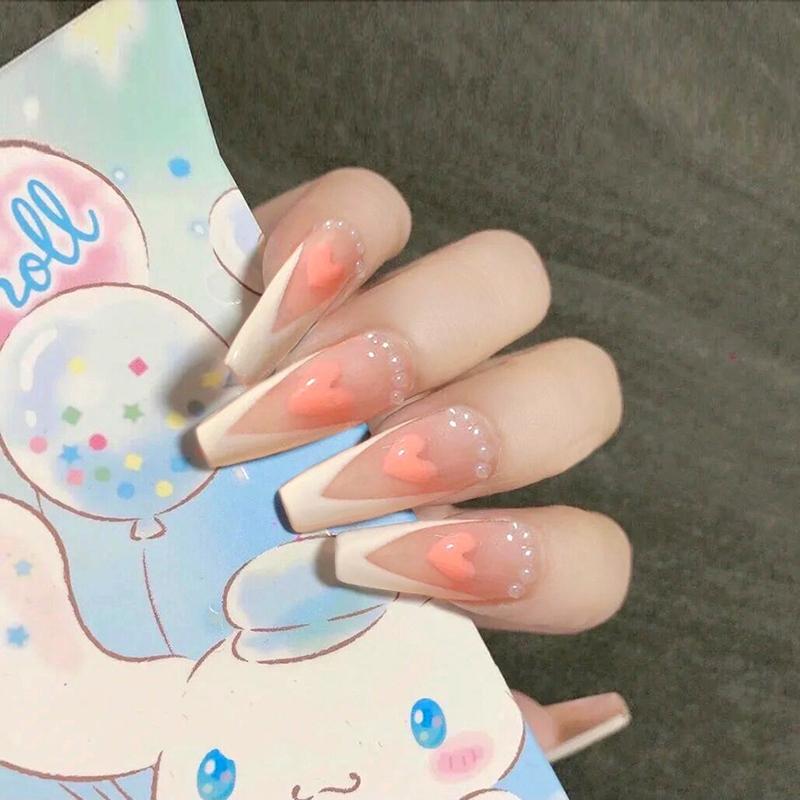 24pcs Love Heart Printed Nails Patch Glue Type Long Paragraph Fashion Removable Manicure False Nail Patch