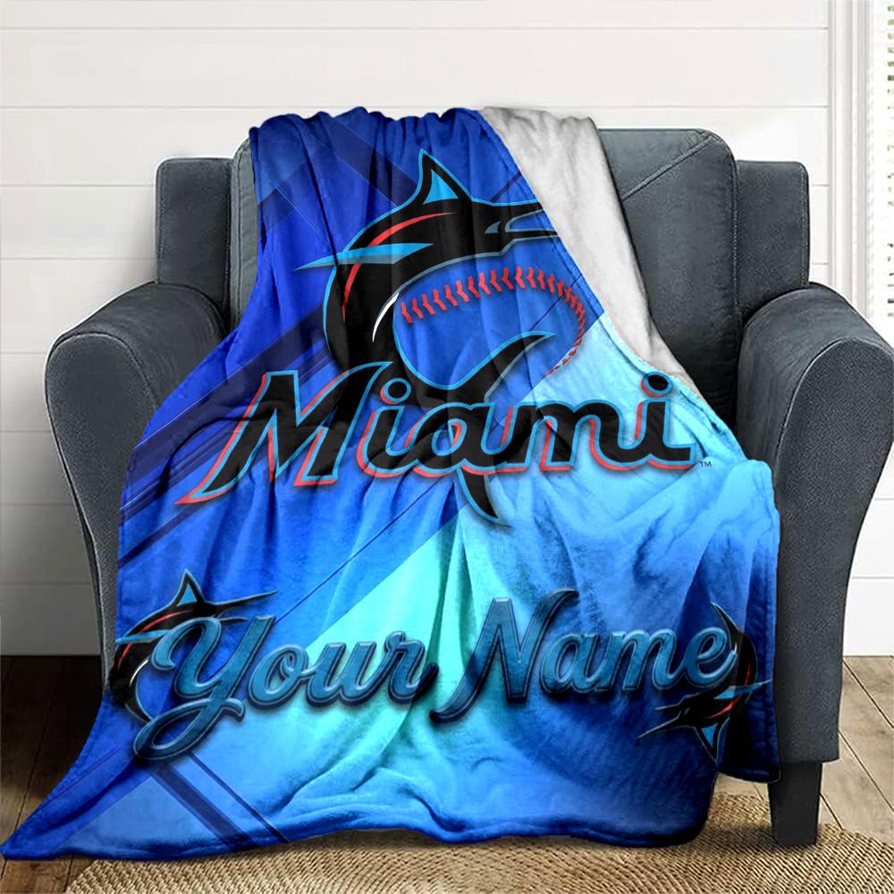 Name Custom Miami Marlins Print Flannel Blanket High Quality Warm Comfortable Cover for All Seasons Perfect for Gifts Home Decor