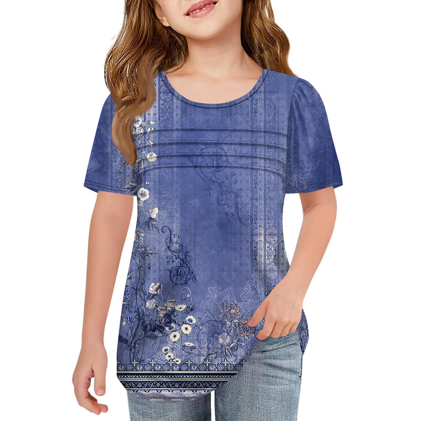 Children Fold T-shirts Short-sleeved Summer Leisure Coat Round Collar Printing T-shirt 160 синий