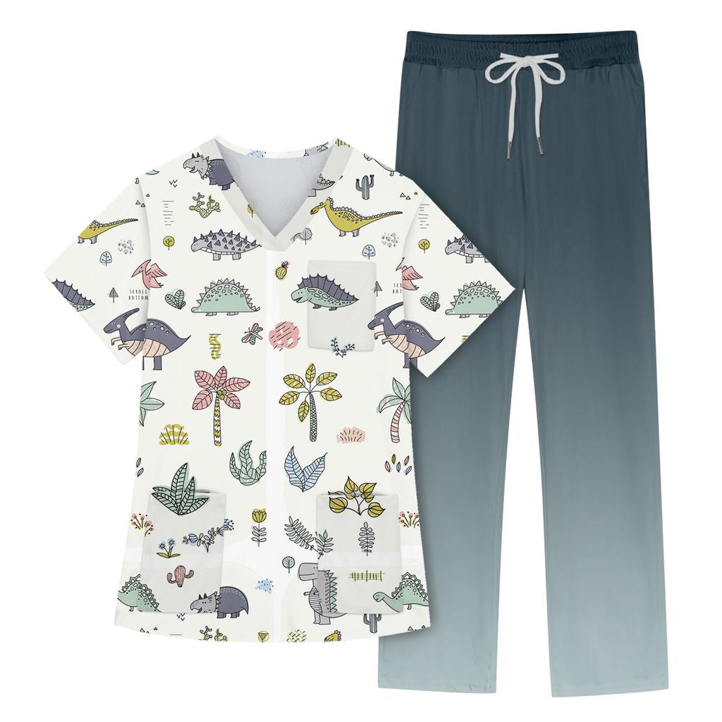 Women's Short Sleeve V Neck Animal Print Chest Pocket Work Top Elastic Waist Pants Two Piece Work Set