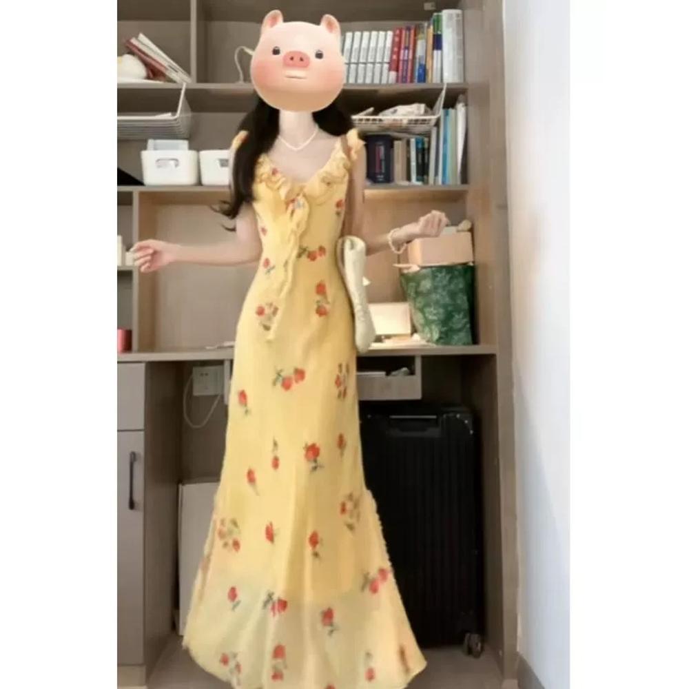 Holiday style skirt waist thin fishtail long dress yellow lotus leaf edge v-neck floral dress women's summer seaside