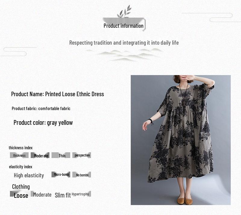 2021 Summer Retro Plus Size Round Neck Print Dress with Short Sleeves and Big Swing