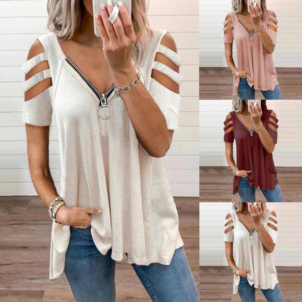 Womens Sexy V-neck Collar Zipper Color Short Sleeve Fold Casual Blouse Tops