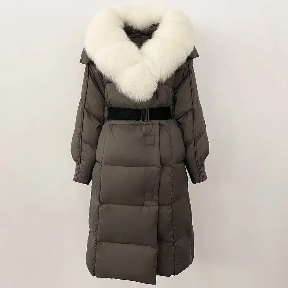 OFTBUY Winter Jacket Women Long Natural Real Raccoon Fox Fur Collar White Duck Down Coat Belt Thick Warm Casual Outerwear