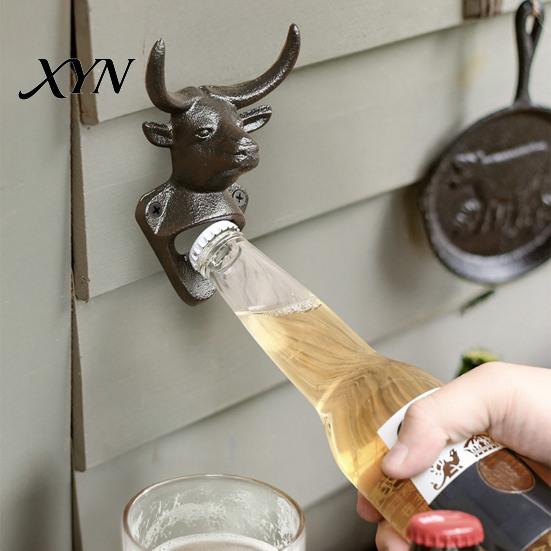 Animal Shape Bottle Opener Elk Cow Head Opener, Wall Mounted Beer Cap Remover, Rustic Iron for Home Bar, Industrial Decor Heavy Duty Cast