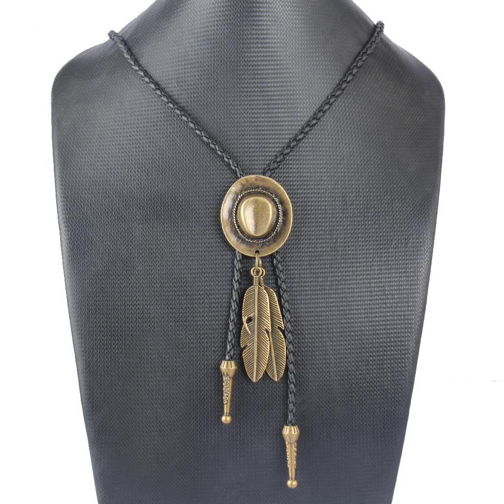Black PU Leather Western Rodeo Bolo Tie Bola Necklace Antique Brass