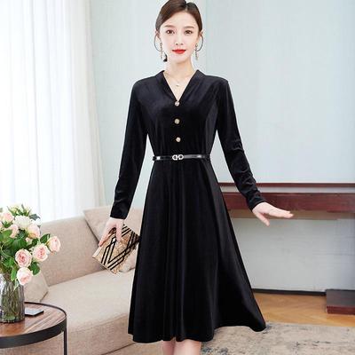 Women's Plus-Size V-Neck Belted Long Dress, Long-Sleeve for Spring and Autumn