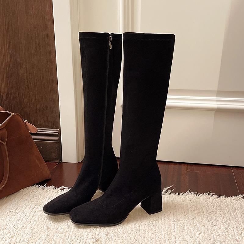 2025 Women Boots Autumn Winter Elastic Slimming Knee-High Boots Fashion Square Toe Thick Heel Shoes for Women Casual Boots