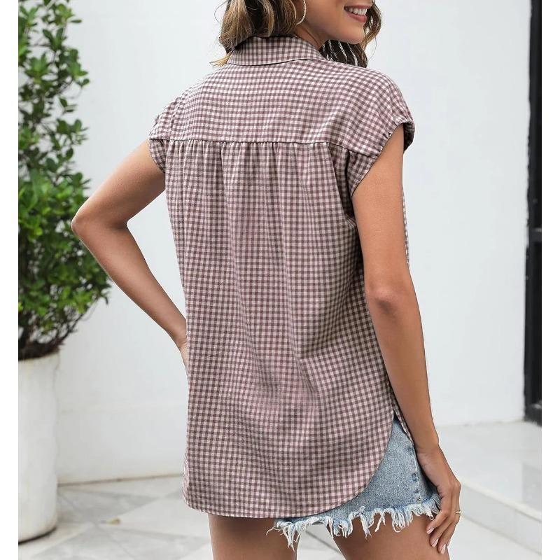 Summer New Women's Buttoned Short-sleeved Shirt Lapel Casual Plaid Top