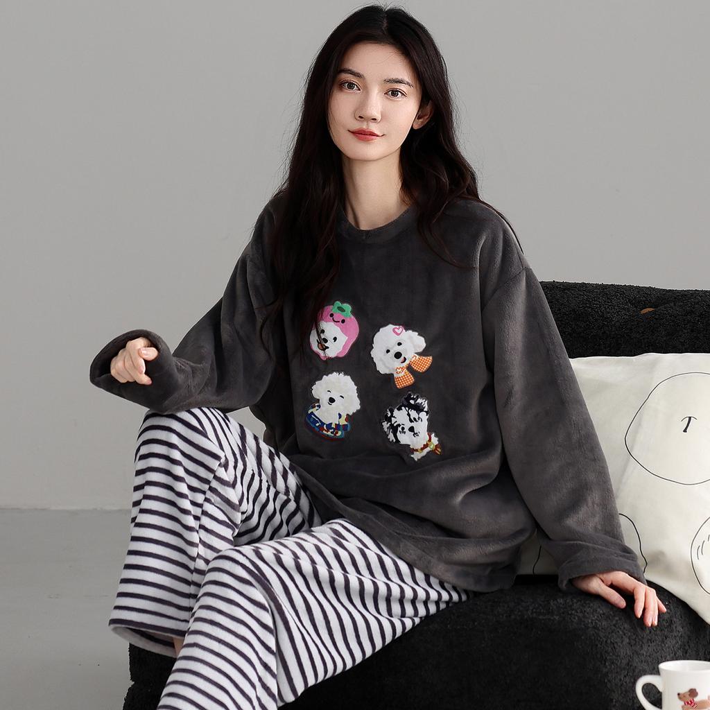 Flannel Pajamas Women Autumn And Winter Cartoon Sweet Thickened Warm Coral Fleece Loungewear Set