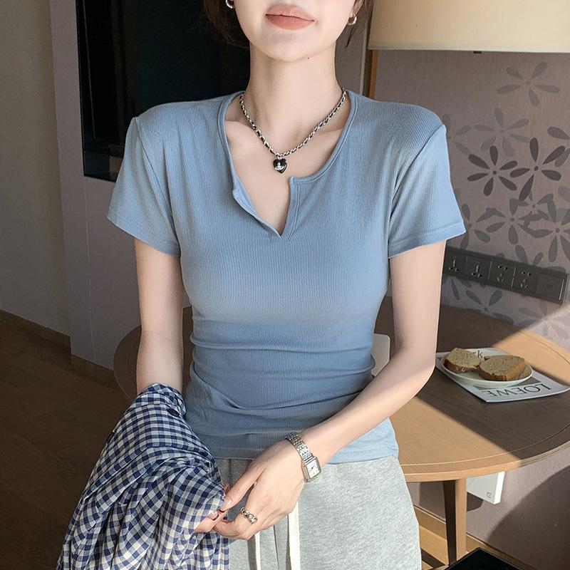 

Ladies Summer Short Sleeve Solid Color Bodycon Casual Knitted T Shirt Top XL