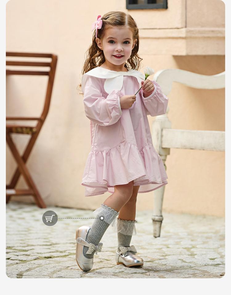 Davidella Girls' Pure Cotton Dress Spring Outfit New Baby Doll Collar Ruffled Long Sleeved Skirt