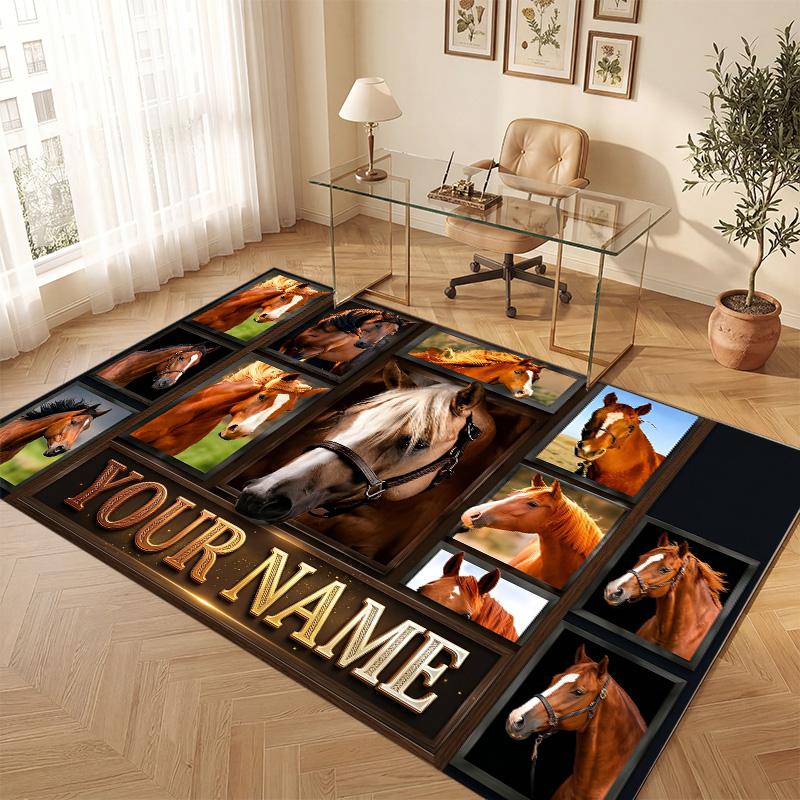 Horse Theme Soft Crystal Velvet Rug Custom Name & Text Print Non Slip Floor Rug for Bedroom Living Room