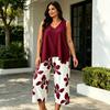 Damskie Zestawy 2-częściowe Plus Size Bez rękawów Dekolt V Top na ramiączkach i Spodnie Cropped w kwiaty Zestaw Letnie Stroje do wypoczynku