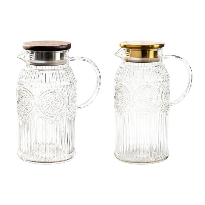 Easy to Cleaning Glass Water Pitcher with Retro Sun Pattern Lid Large Capacity for Family Gatherings and Homes Kitchen Use