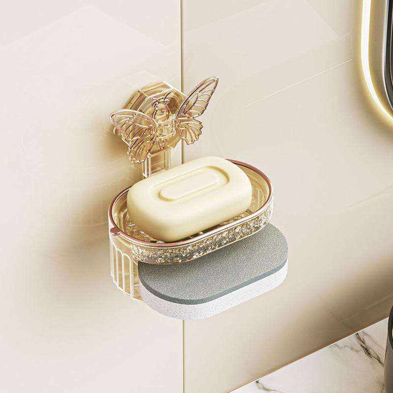 Bathroom Suction Cup Soap Holder Butterfly Design Double Layer Soap Box Drainage Water No Drilling Soap Storage Shelf