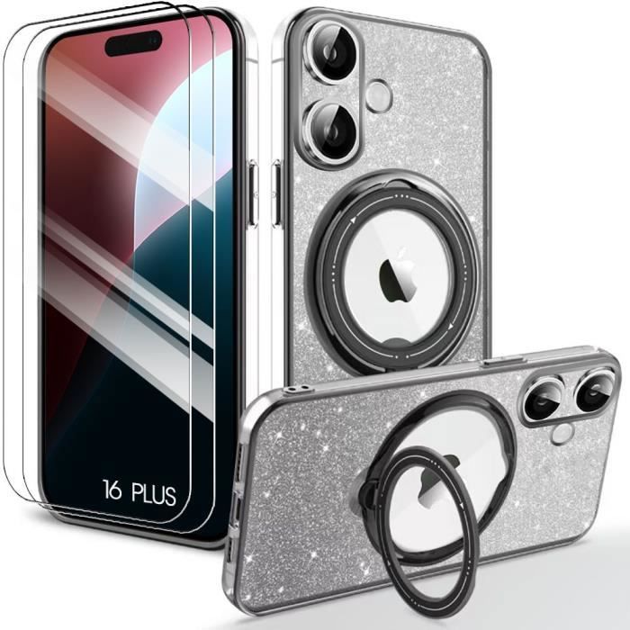 Coque de protection - BOOLING - pour iPhone 16 Plus - Silicone - Support rotatif - Effet scintillant