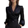 2026 Summer V-neck Satin Tie-up Waist Women's Elegant Solid Top - Cross-border Europe Fashion