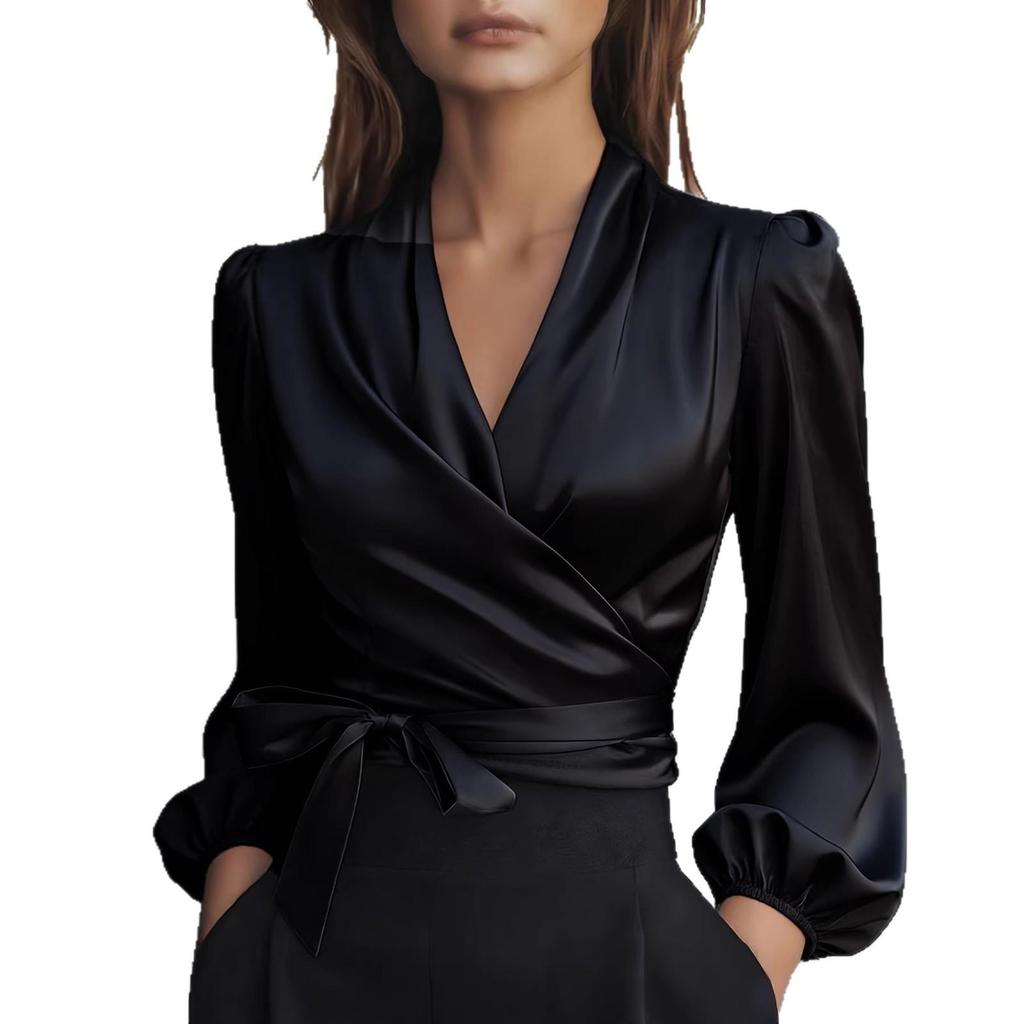 2026 Summer V-neck Satin Tie-up Waist Women's Elegant Solid Top - Cross-border Europe Fashion